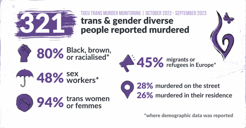 An infographic breaking down the demographic data of the Trans Murder Monitoring project, 2023.