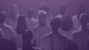 A crowd of people standing facing away from the viewer, the backs of their heads are visible. There is a purple overlay